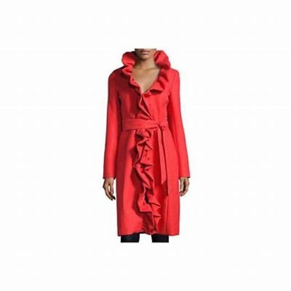 Milly Flame Red Ruffle Front Belted Knee-Length Coat Size 4 NWT